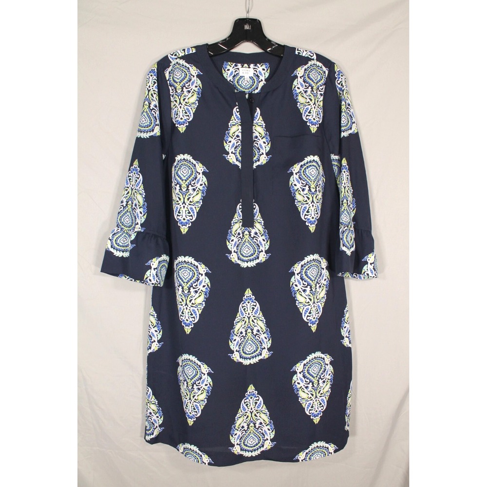 CROWN & IVY Blue CREPE 1/4 Button BELL SLEEVES 1-Pocket PAISLEY Shift Dress 10